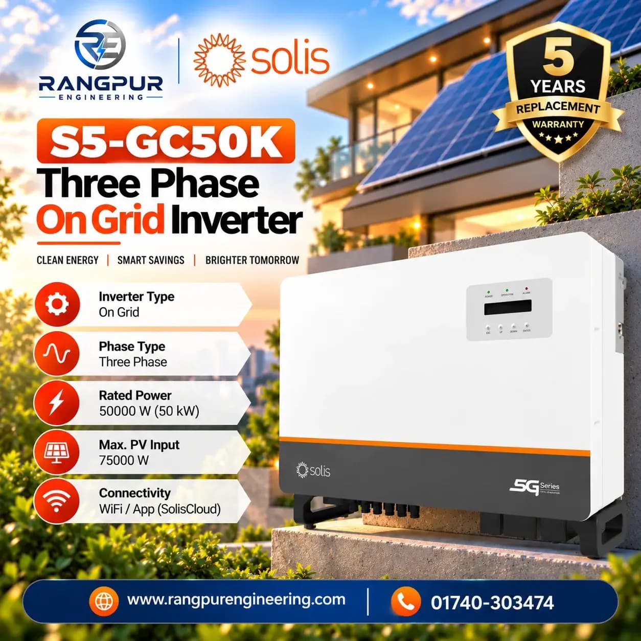 50kW Three Phase On Grid Inverter with 5 MPPT and WiFi App