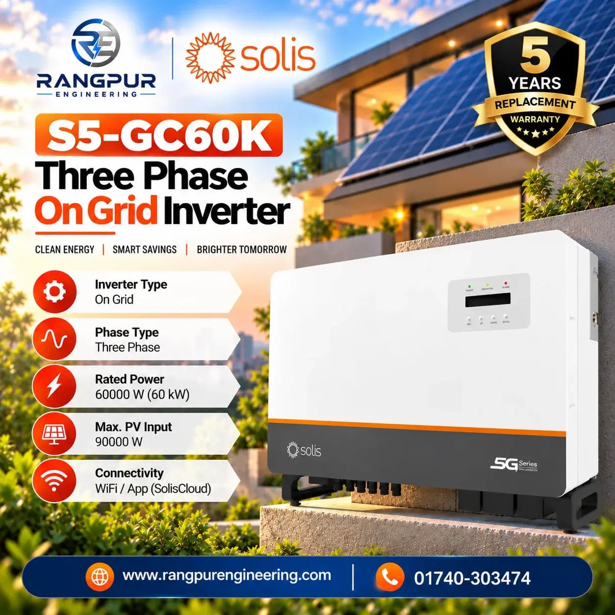 60 KW Three Phase On Grid Inverter with Wi-Fi App Monitoring