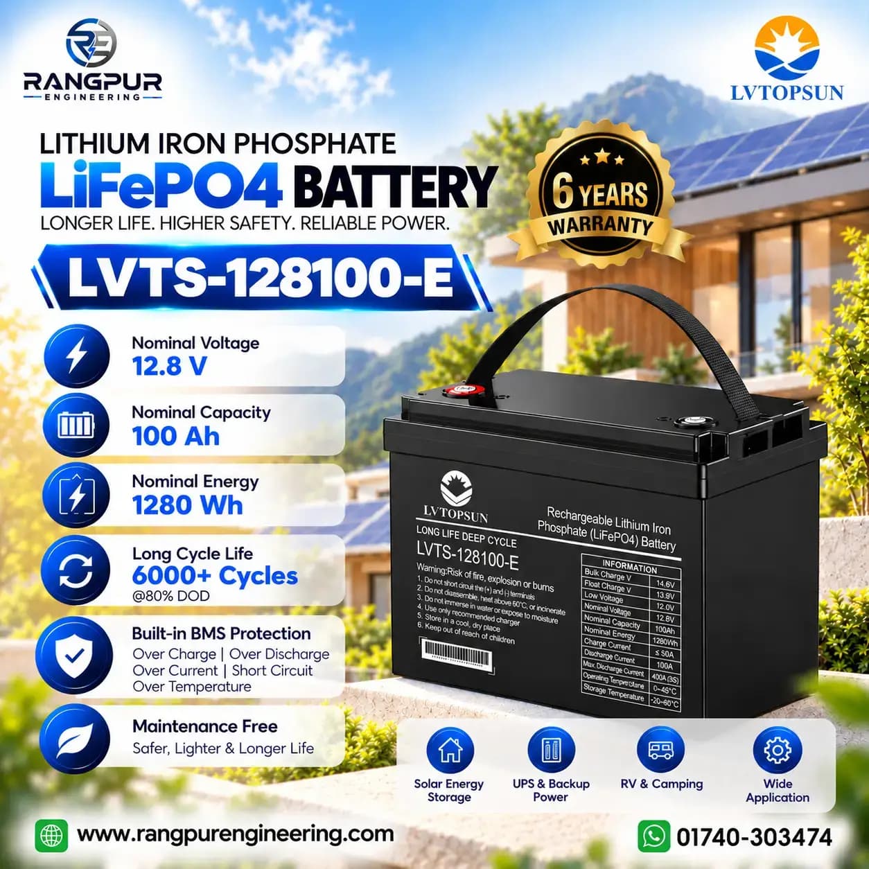 12.8V 100Ah LiFePO4 Battery 1.28kWh with 6000 Cycle Life 12.8V 100Ah LiFePO4 Battery 1.28kWh Deep Cycle BMS Solar
