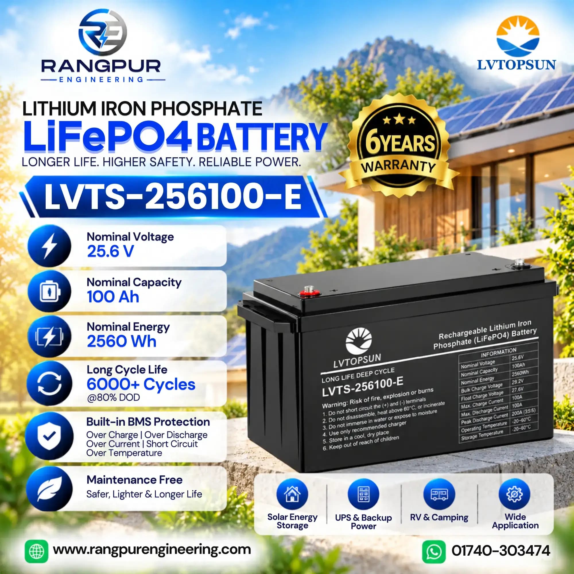 25.6V 100Ah LiFePO4 Deep Cycle Battery 2.56 kWh 6000 Cycles 25.6V 100Ah LiFePO4 Deep Cycle Battery 2.56 kWh 6000 Cycles