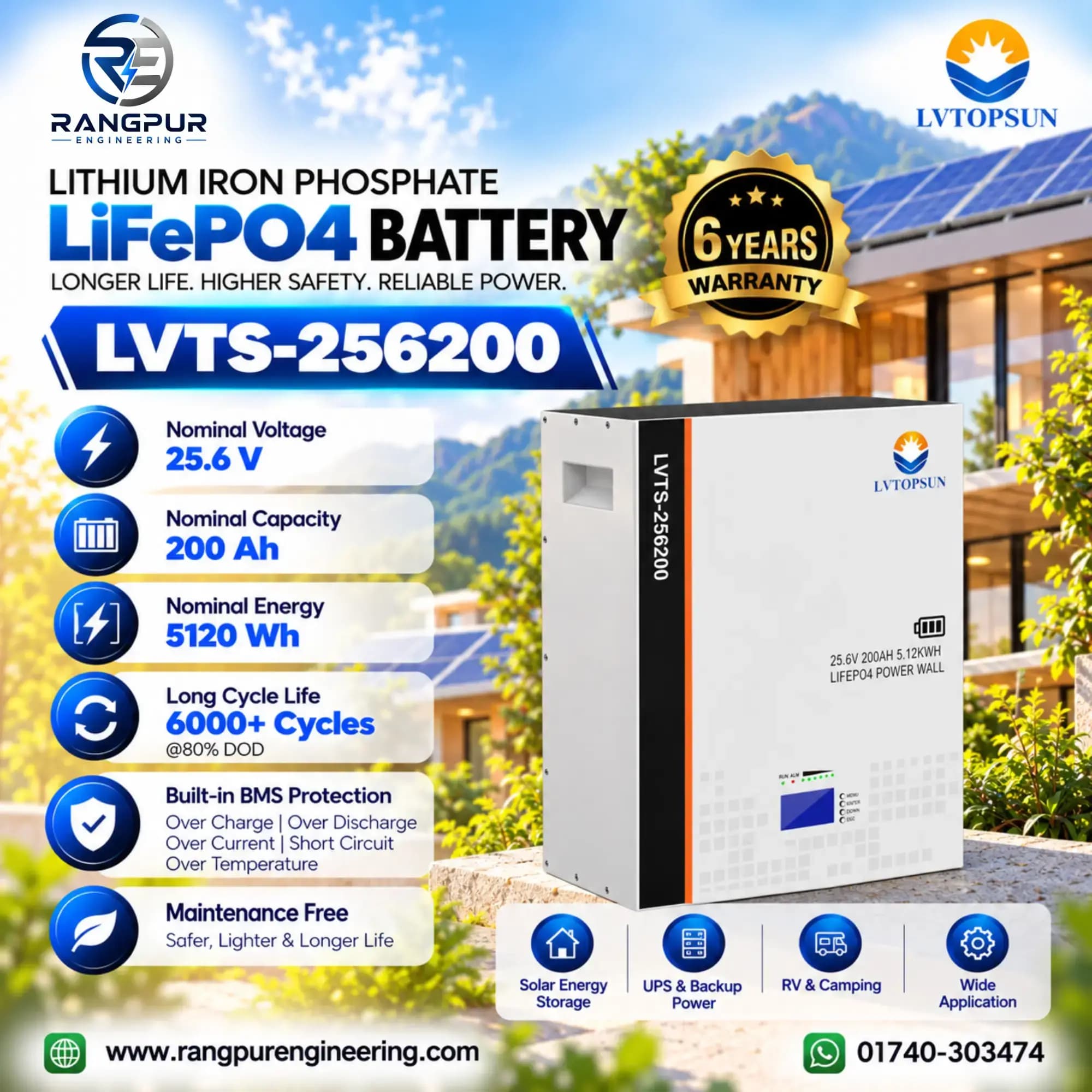 25.6V 200Ah LiFePO4 Battery 5.12kWh 6000 Cycle Life