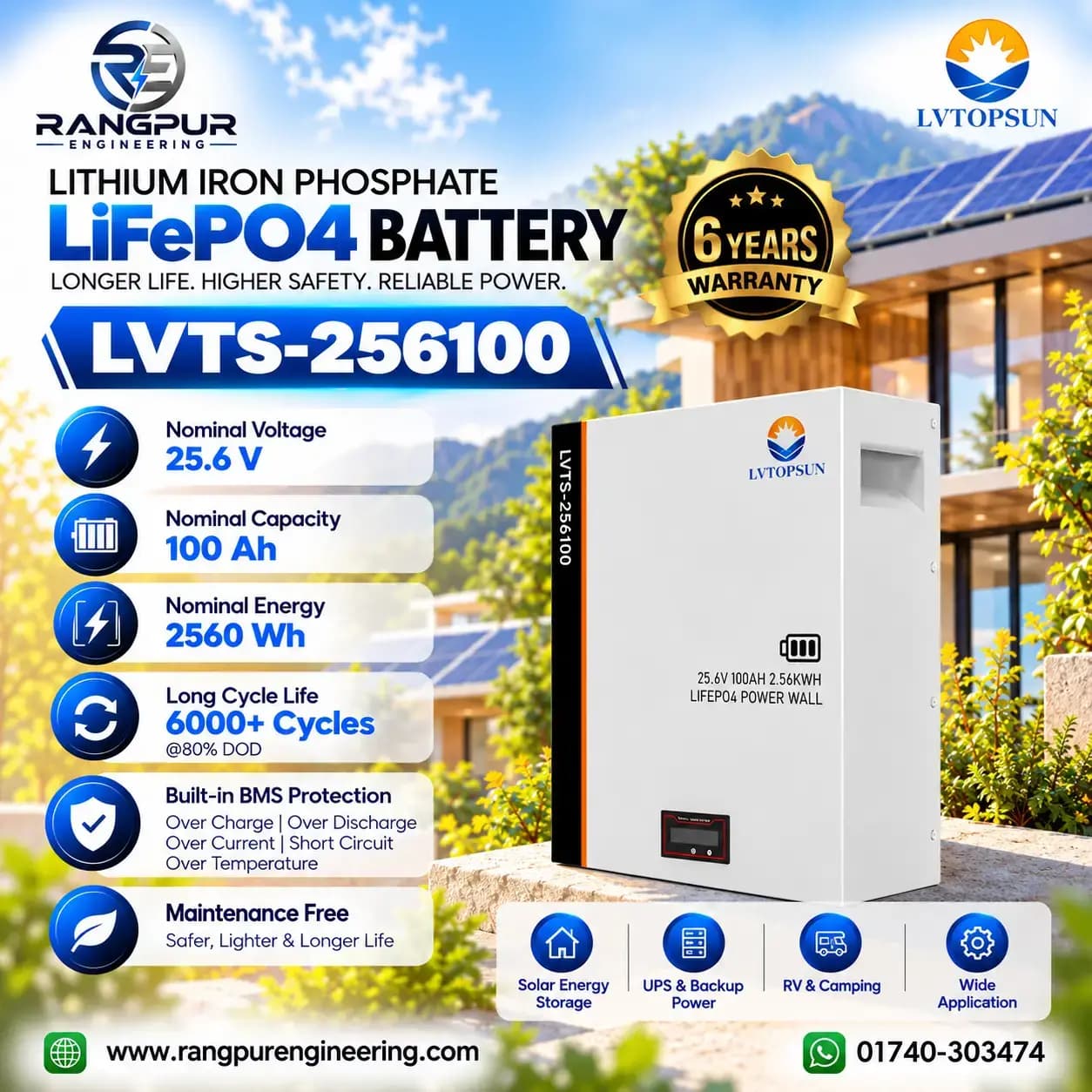 25.6V 100Ah LiFePO4 Solar Battery 2.56kWh 6000 Cycles