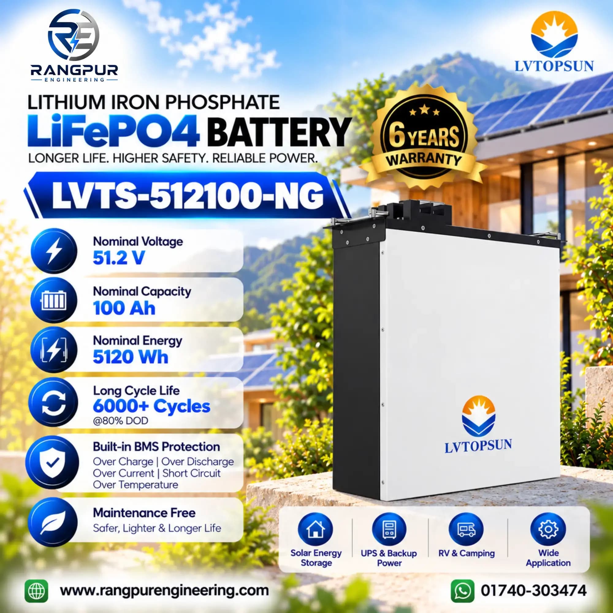 51.2V 100Ah LiFePO4 Solar Battery 5.12kWh with 6000+ Cycles
