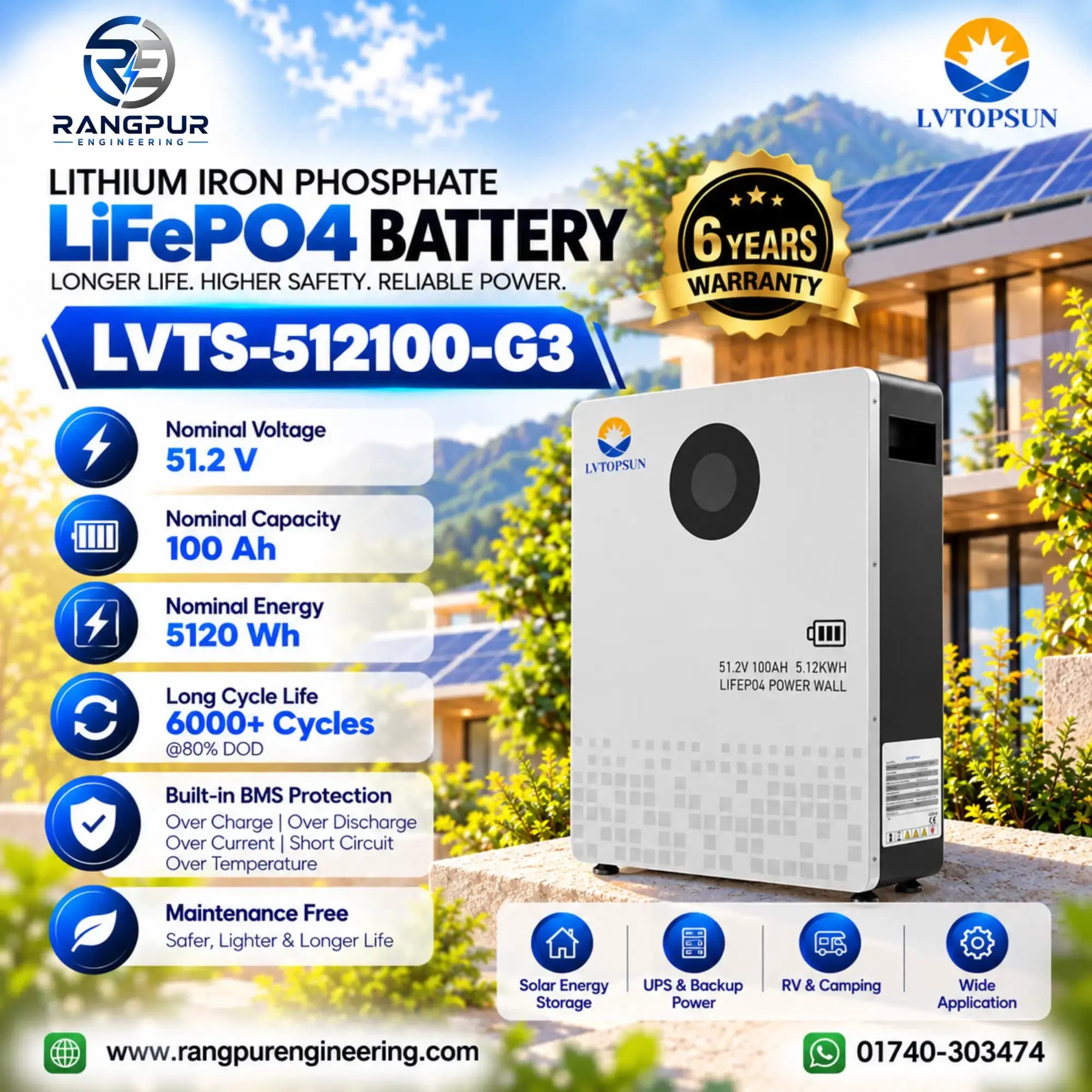 51.2V 100Ah LiFePO4 Solar Battery 5.12kWh Wall-Mount