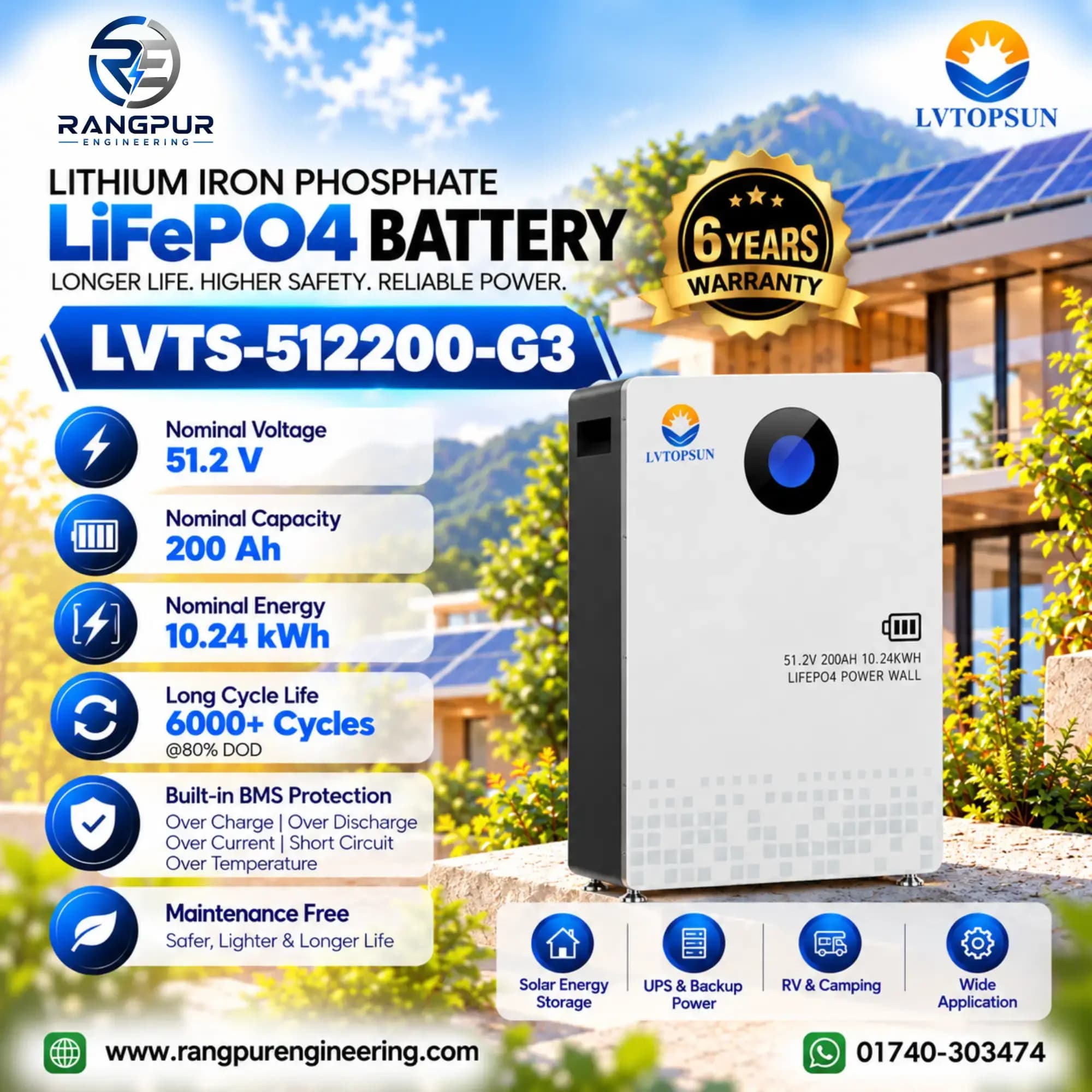 10.24kWh 51.5V 200Ah LiFePO4 Battery 6000 Cycle Life