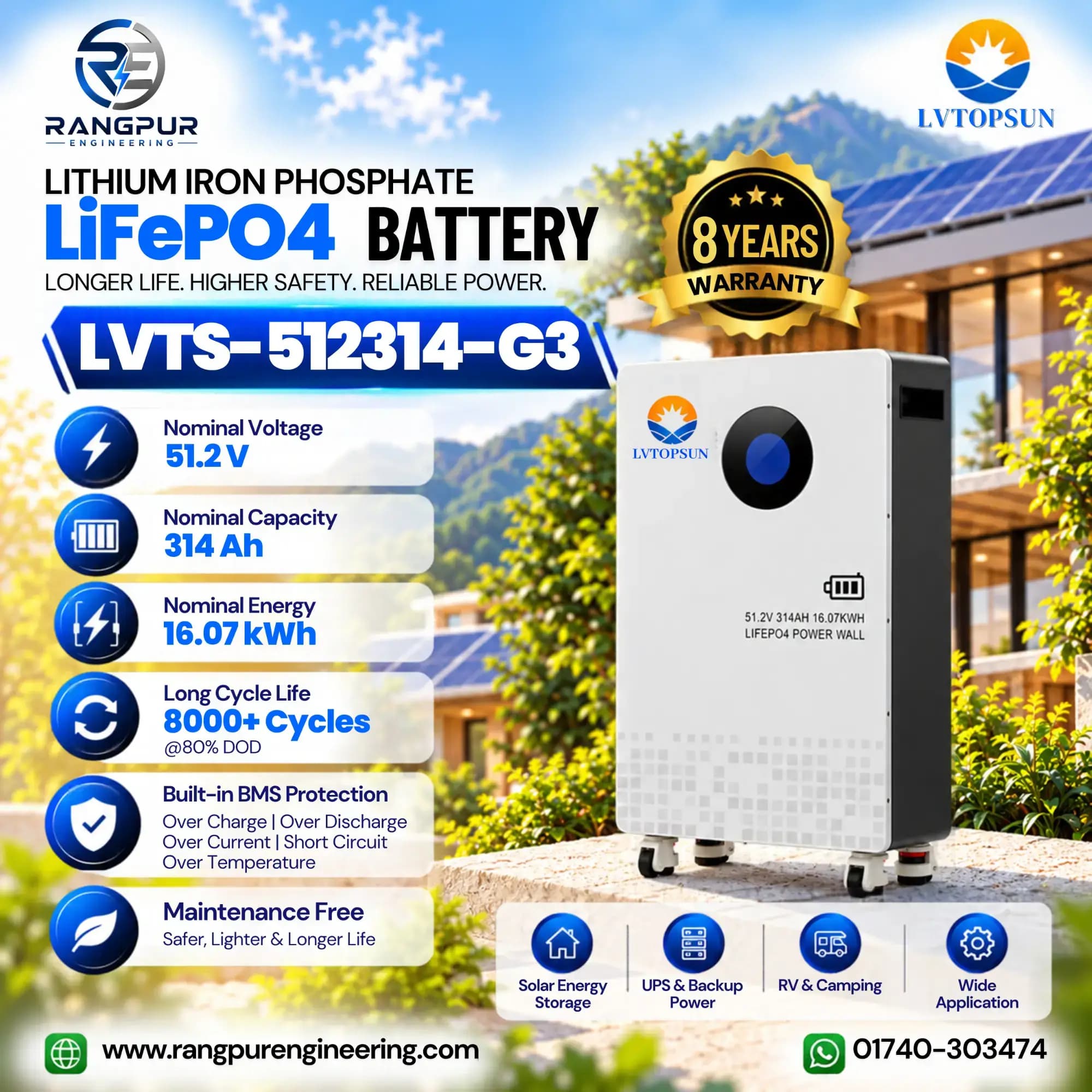 16kWh 51.5V 314Ah LiFePO4 Battery 8000 Cycle Life