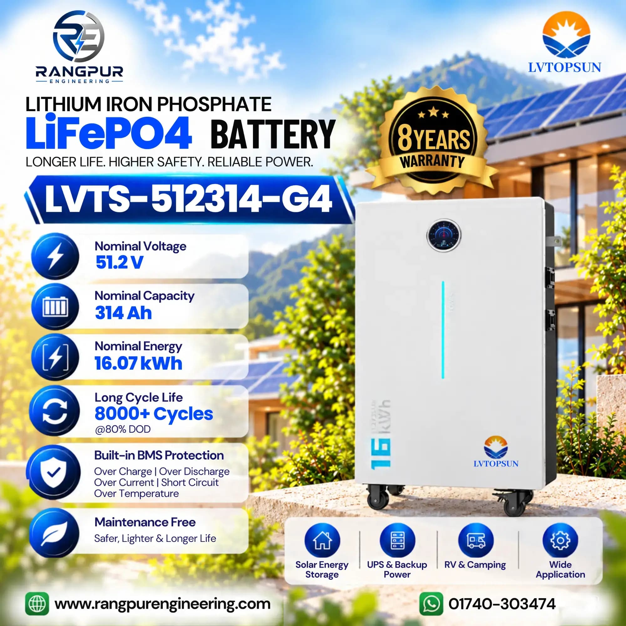 16kWh 51.5V 314Ah LiFePO4 Battery 8000 Cycle Life 16kWh 51.5V 314Ah LiFePO4 Battery 8000 Cycle Life