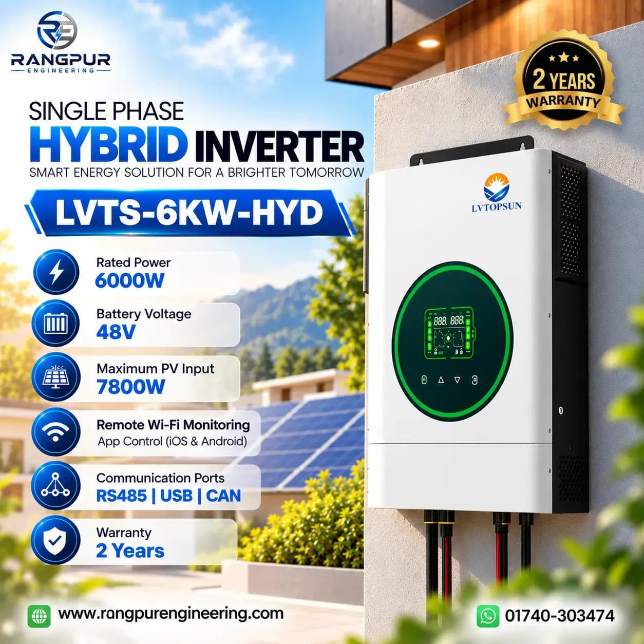 6kW Hybrid Solar Inverter 48V Battery LCD App Monitoring