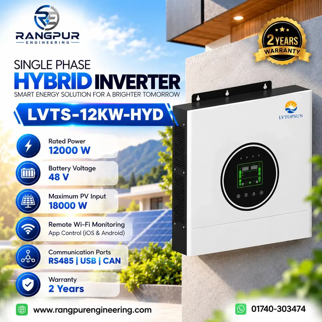 12kW Hybrid Solar Inverter 48V Battery LCD App Monitoring