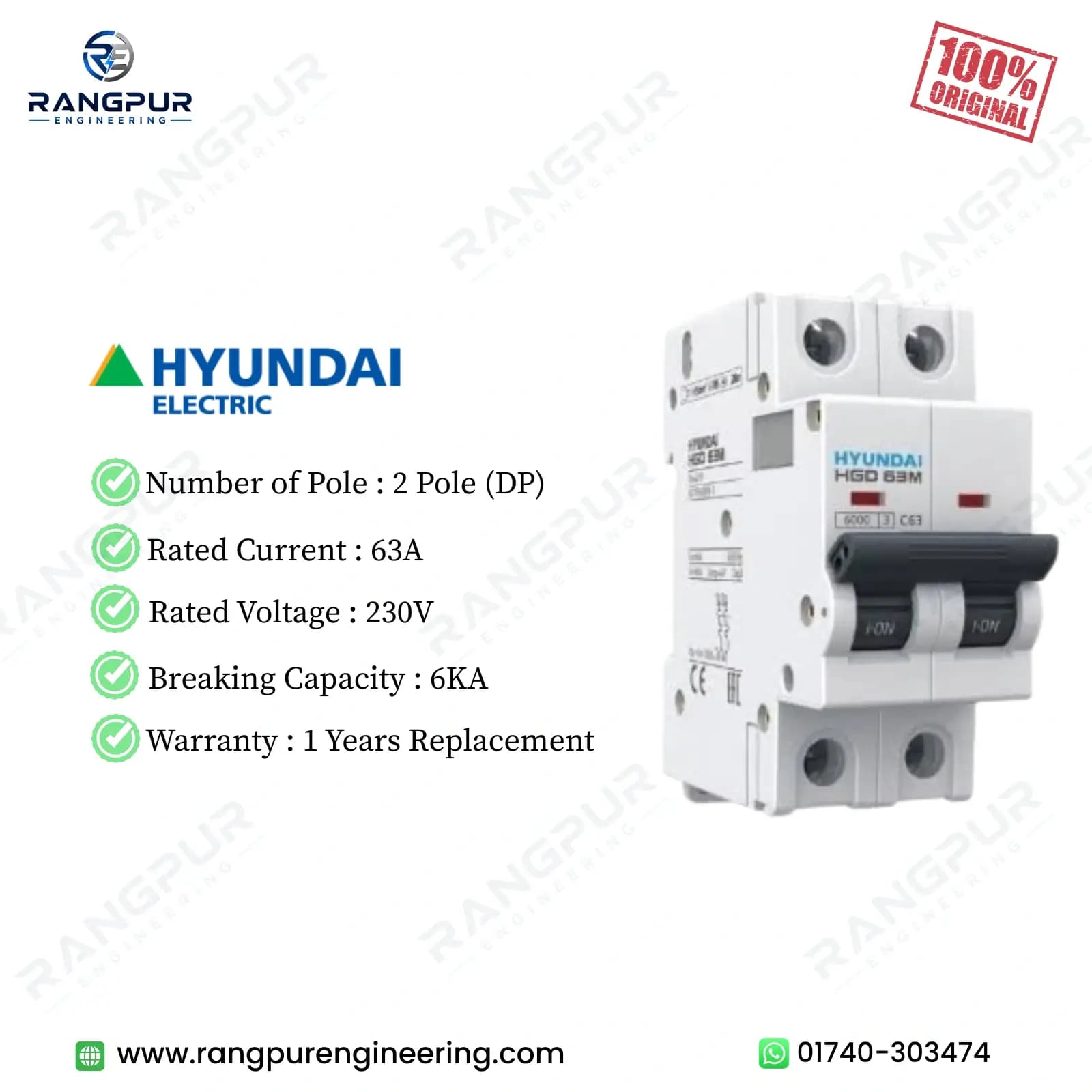 63A Double Pole MCB, 6kA C Curve, Overload Protection