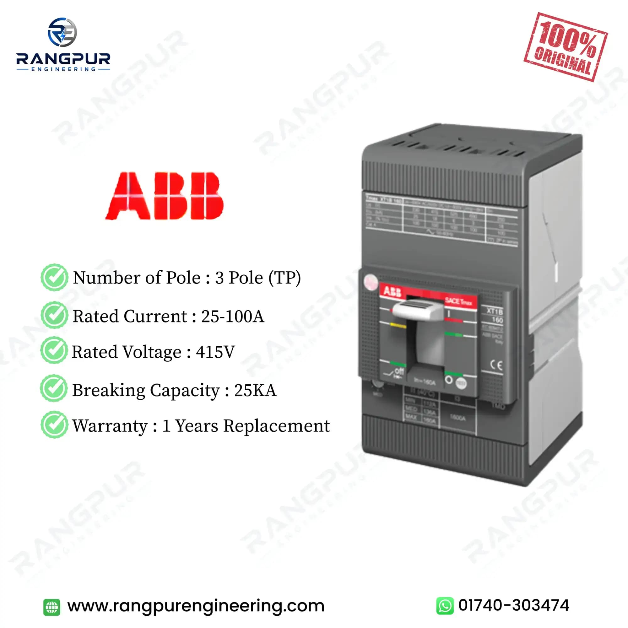 ABB 3 Pole MCCB 25-100A 25kA Adjustable Circuit Breaker ABB 3 Pole MCCB 25-100A 25kA Adjustable Circuit Breaker