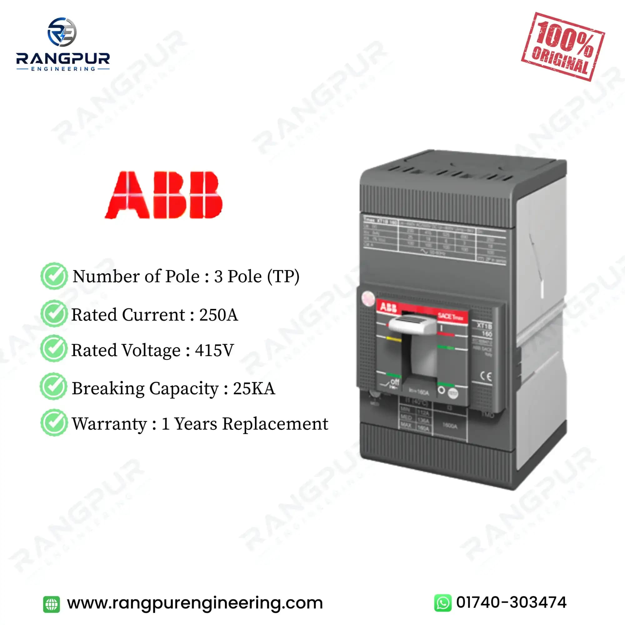 ABB 250A 3 Pole MCCB 36kA Adjustable Circuit Breaker Protection