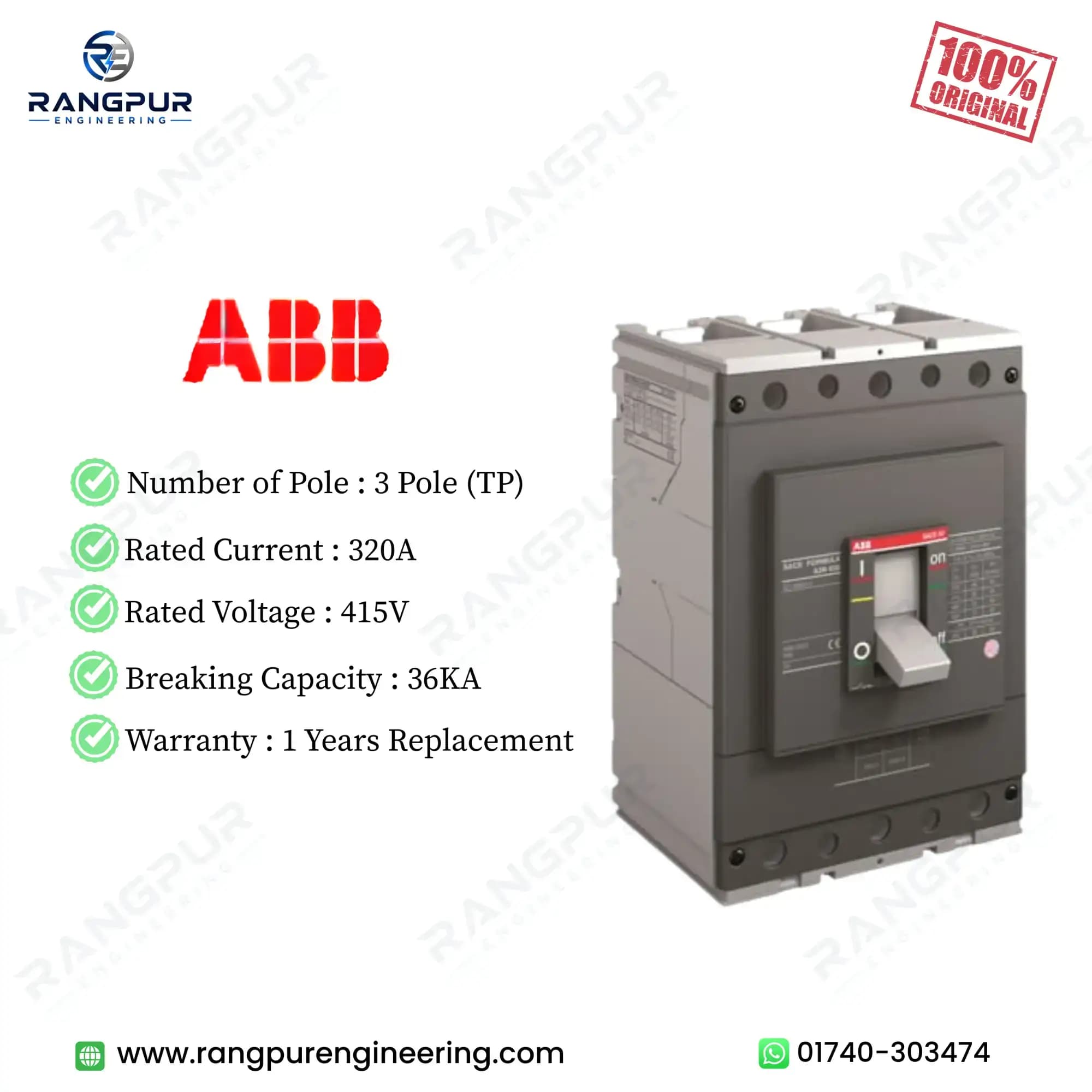 ABB 320A 3 Pole MCCB 36kA Adjustable Three-Phase Breaker