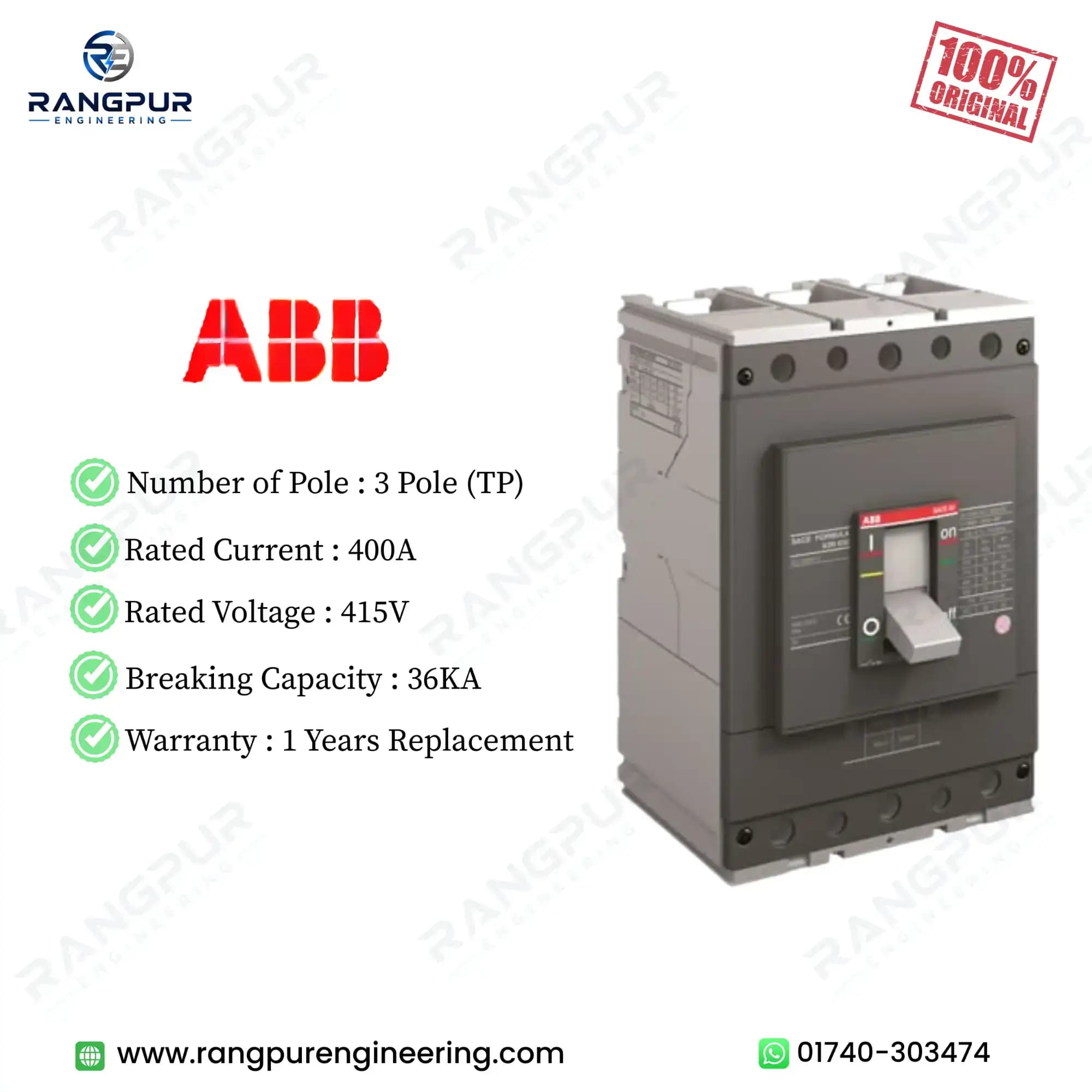 ABB 400A 3 Pole MCCB 36kA Adjustable Three-Phase Breaker
