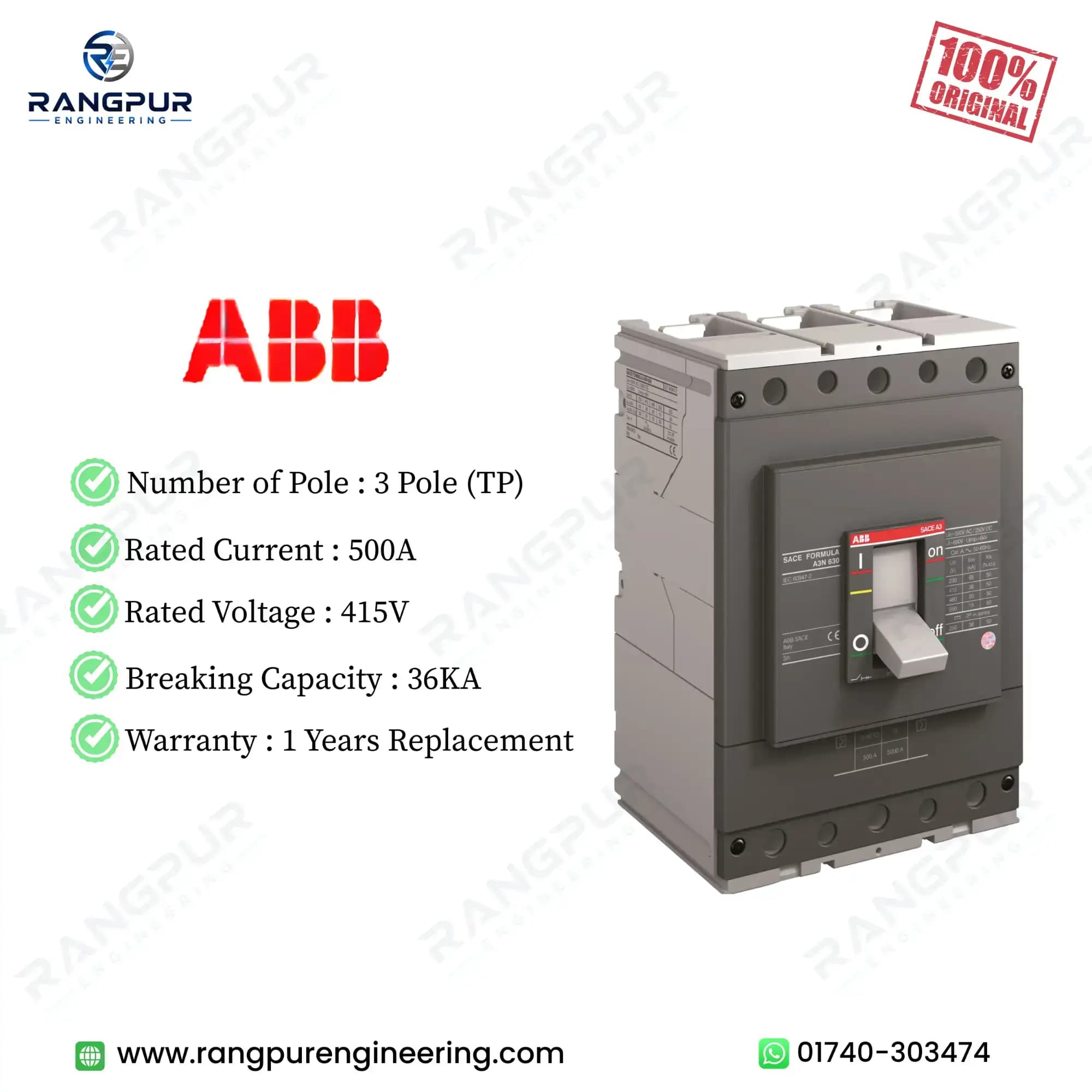 ABB 500A 3 Pole MCCB 36kA Adjustable Three-Phase Breaker