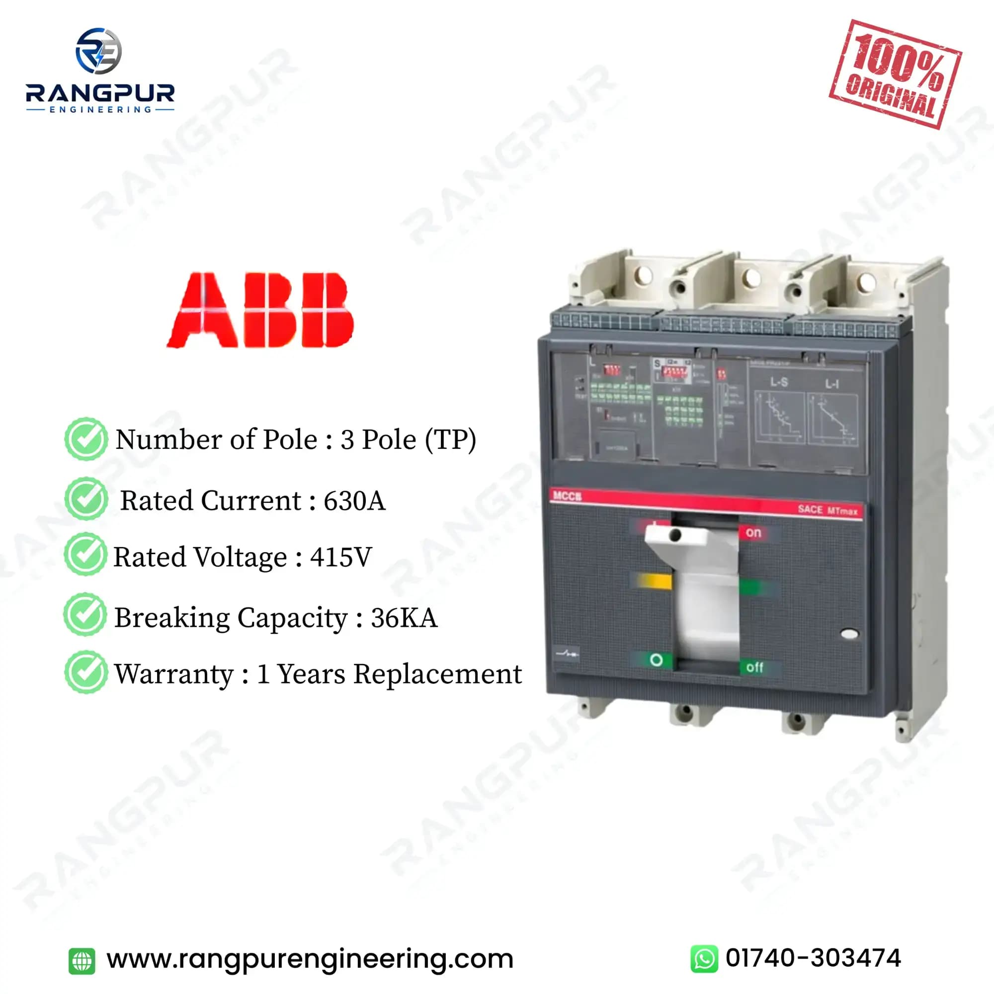 ABB 630A 3 Pole MCCB 36kA Adjustable Three-Phase Circuit Breaker