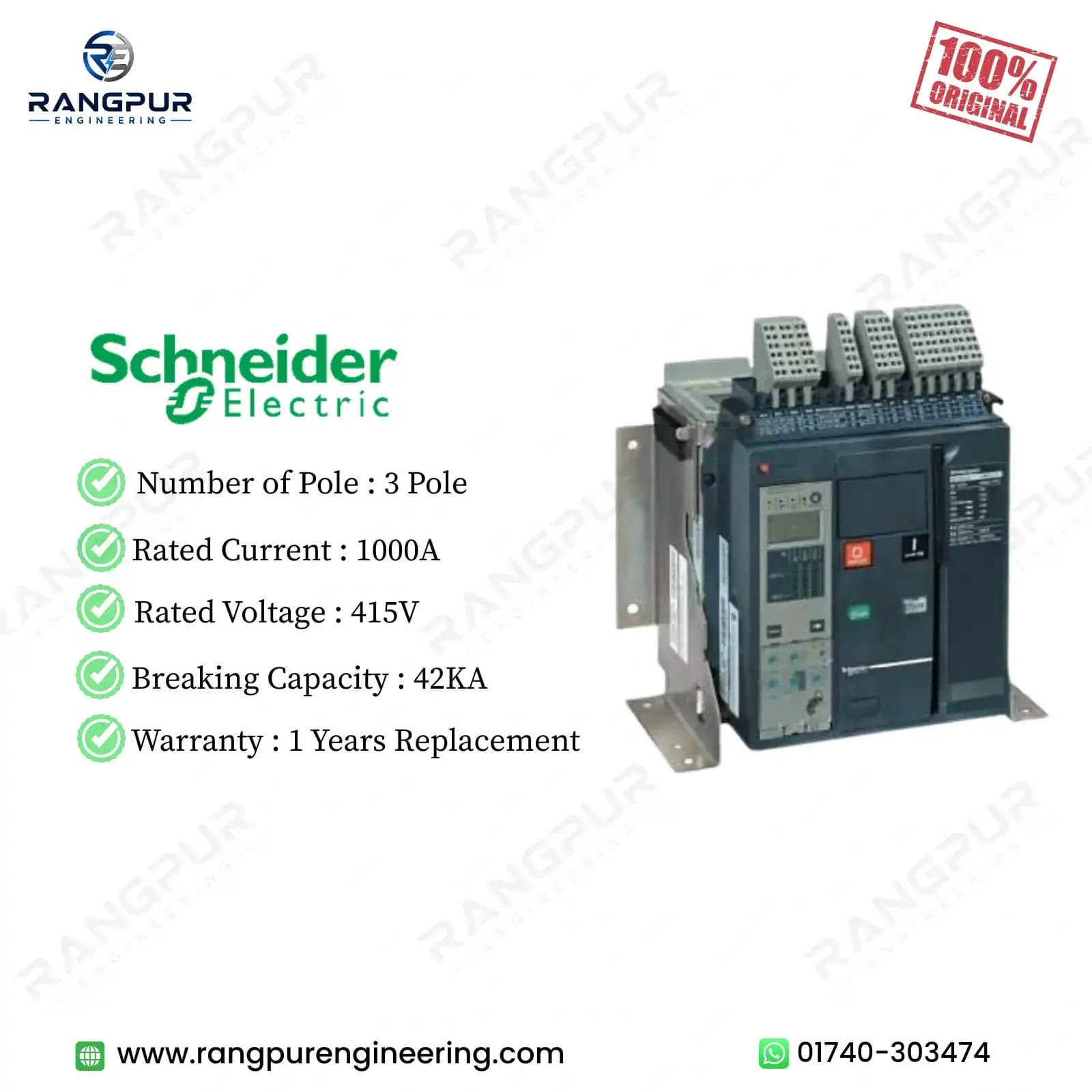 1000A 3 Pole Air Circuit Breaker 42kA Micrologic 2.0A Fixed