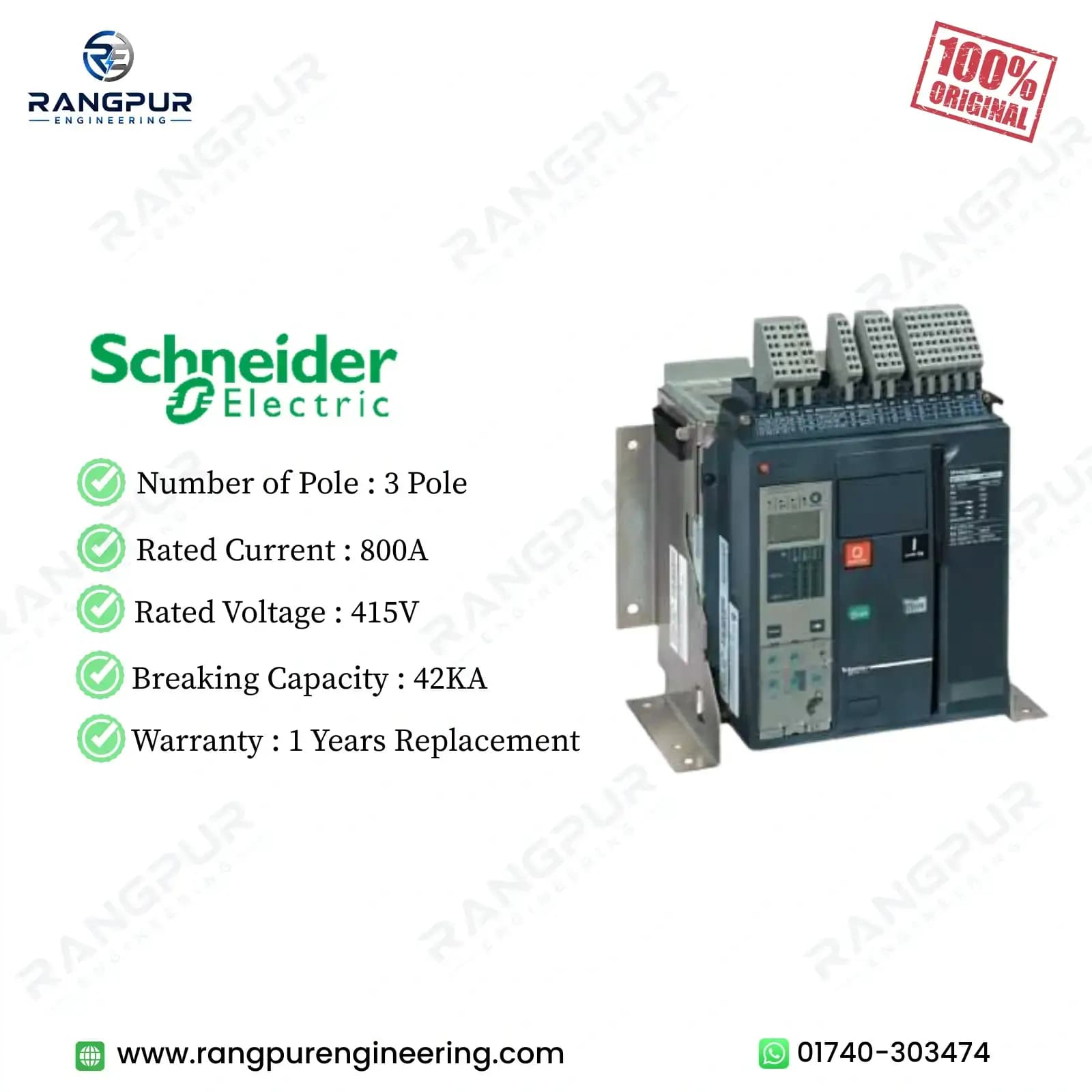 800A 3 Pole Air Circuit Breaker 42kA Micrologic 2.0A Fixed Chassis
