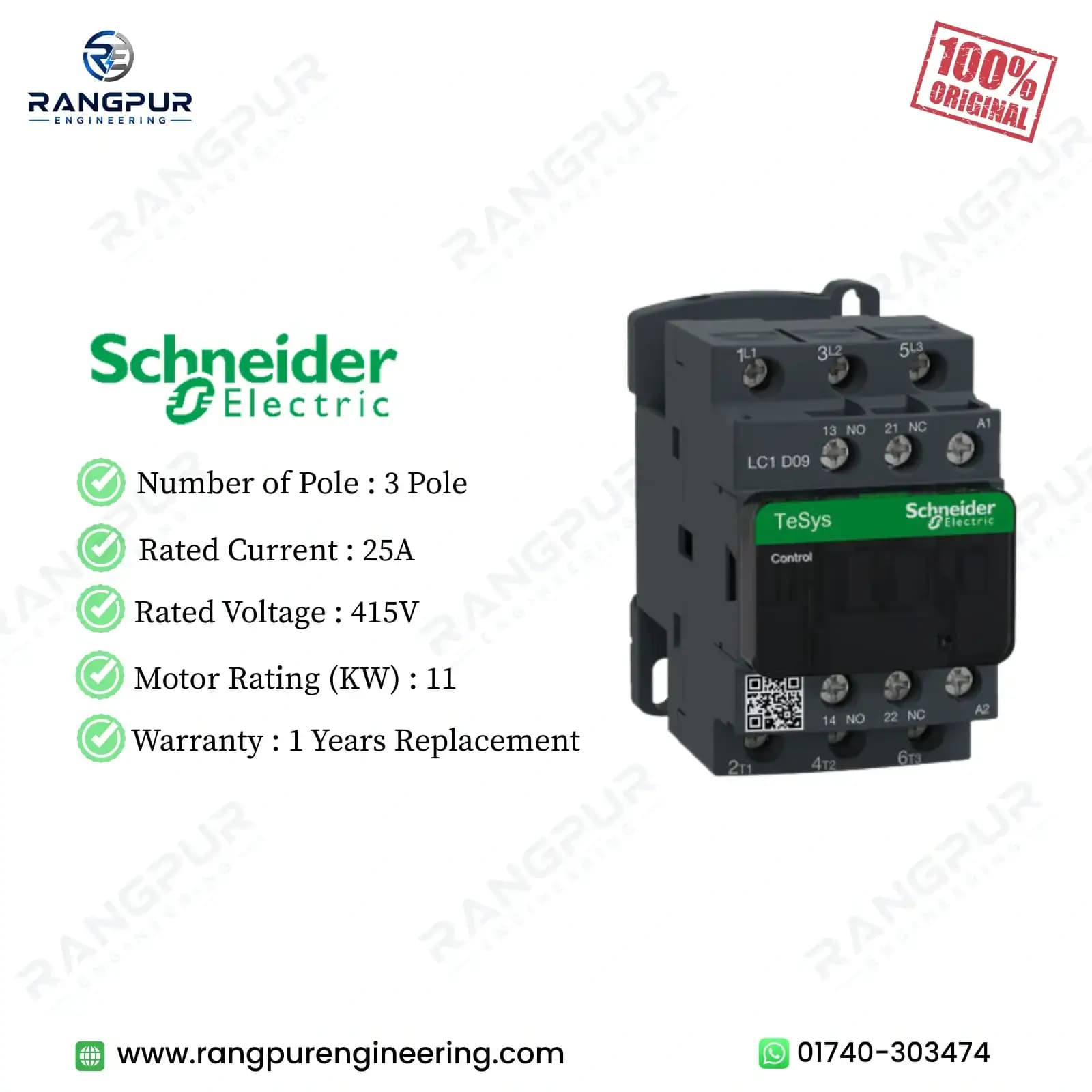 25A 3 Pole Contactor AC-3 40A Ith 415V Motor Control