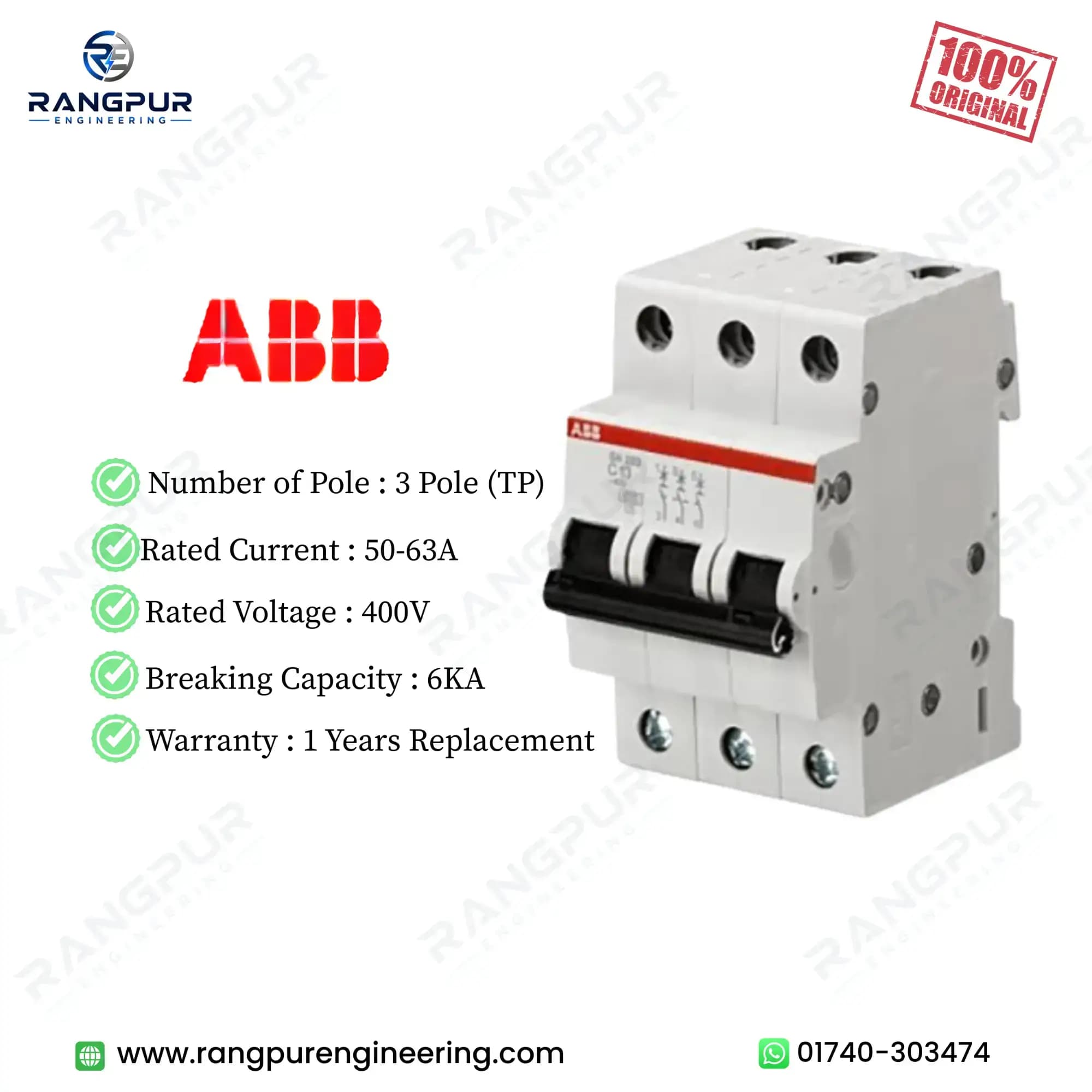 3 pole miniature circuit breaker, C curve, 50-63A, 6kA 3 pole miniature circuit breaker, C curve, 50-63A, 6kA