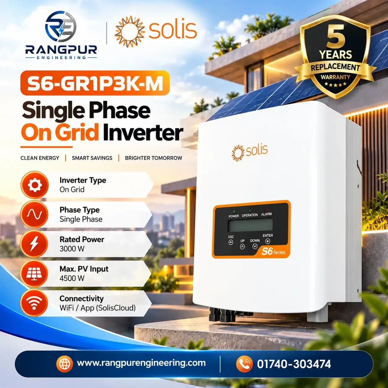 3 KW Single Phase On Grid Inverter with Wi-Fi App Monitoring 3kW Single Phase On Grid Inverter S6-GR1P3K-M 16A Input