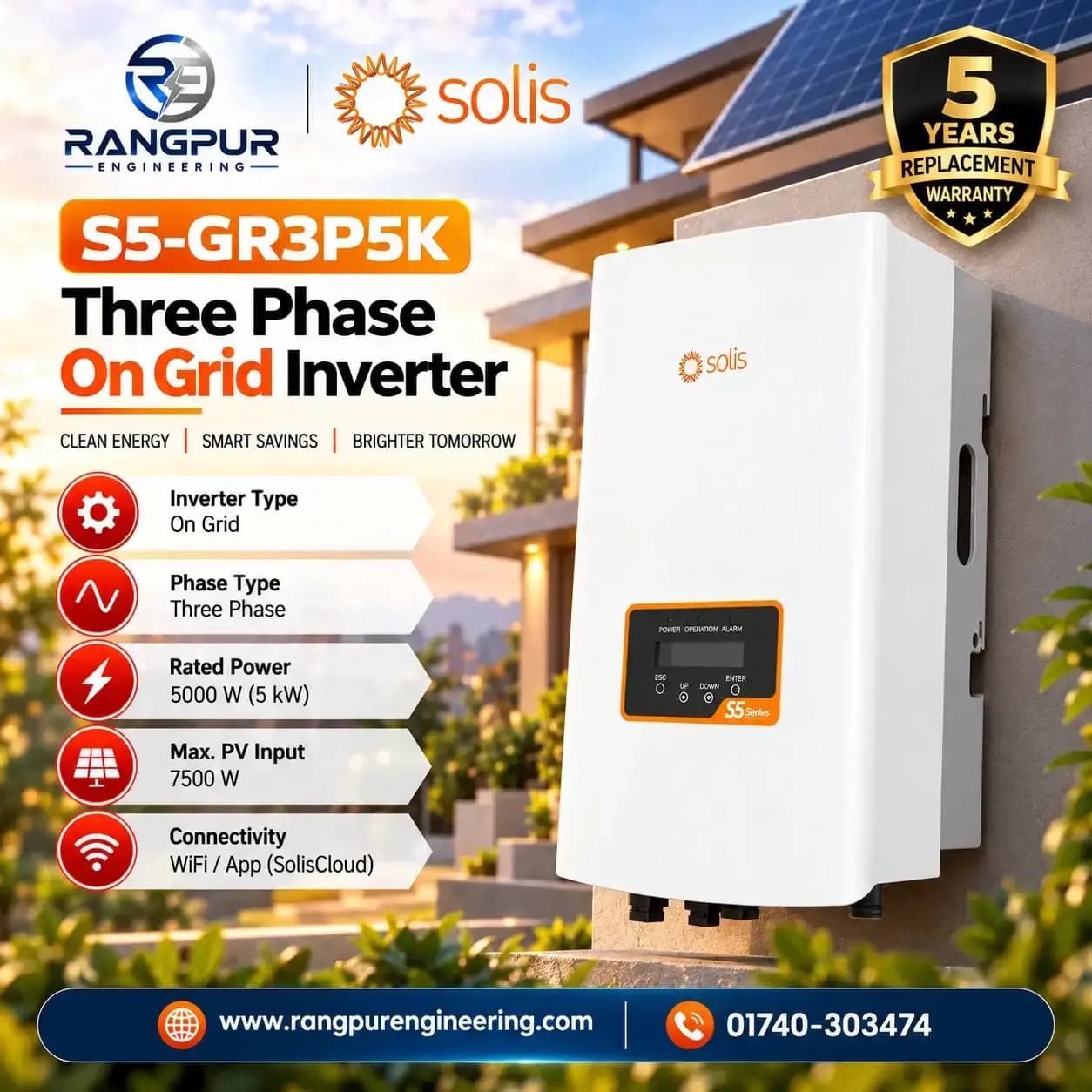 5 KW Three Phase On Grid Inverter with Wi-Fi App Monitoring 5kW Three Phase On Grid Inverter Compact 16A String Input